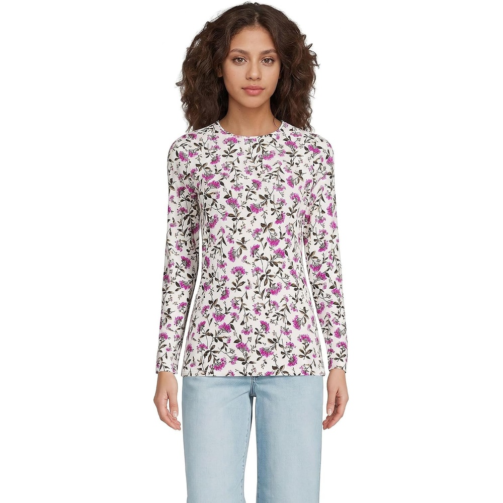 image:imageWomens Plus Size Lightweight Jersey Skimming Long Sleeve Crew Neck TshirtIvoryPink Hydrangea