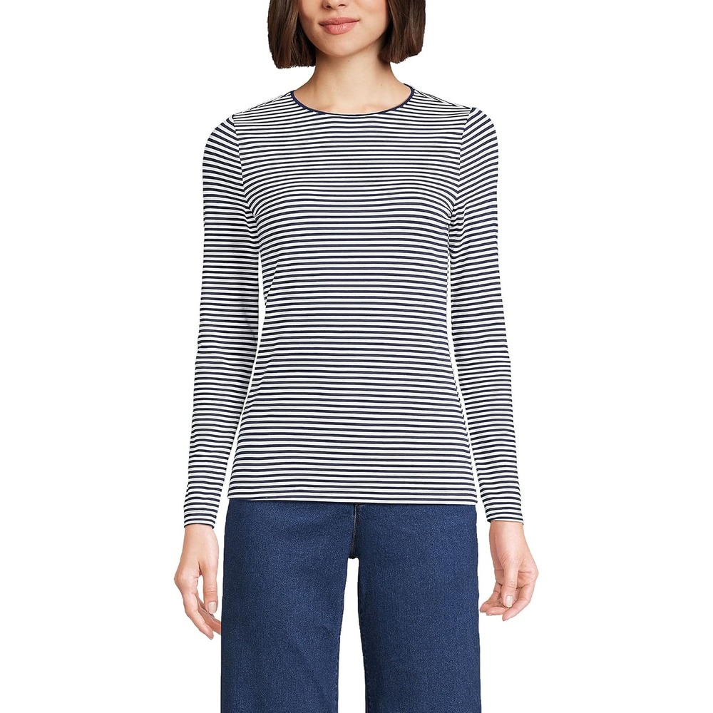 image:imageWomens Plus Size Lightweight Jersey Skimming Long Sleeve Crew Neck TshirtNavyWhite Micro Stripe