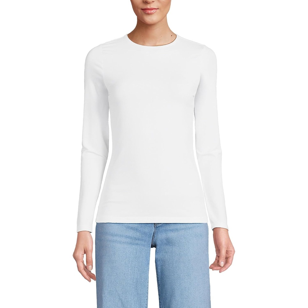 image:imageWomens Plus Size Lightweight Jersey Skimming Long Sleeve Crew Neck TshirtWhite