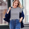 Women’s Plus Size Lightweight Jersey Skimming Long Sleeve Crew Neck T-shirt(Navy/White Micro Stripe)