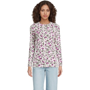 Women’s Plus Size Lightweight Jersey Skimming Long Sleeve Crew Neck T-shirt(Ivory/Pink Hydrangea)