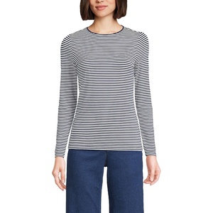 Women’s Plus Size Lightweight Jersey Skimming Long Sleeve Crew Neck T-shirt(Navy/White Micro Stripe)
