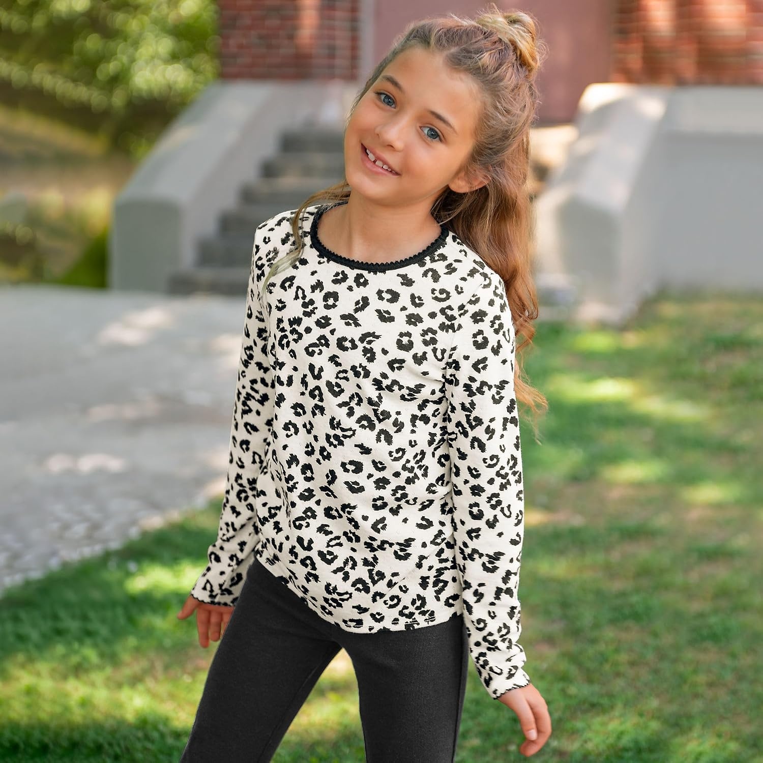 image:imageLands End Girls Long Sleeve Pointelle Knit ShirtCheetahPutty