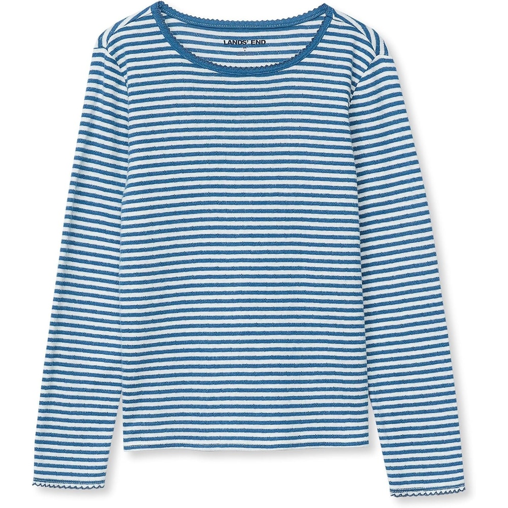 image:imageLands End Girls Long Sleeve Pointelle Knit ShirtDark Navy Stripe