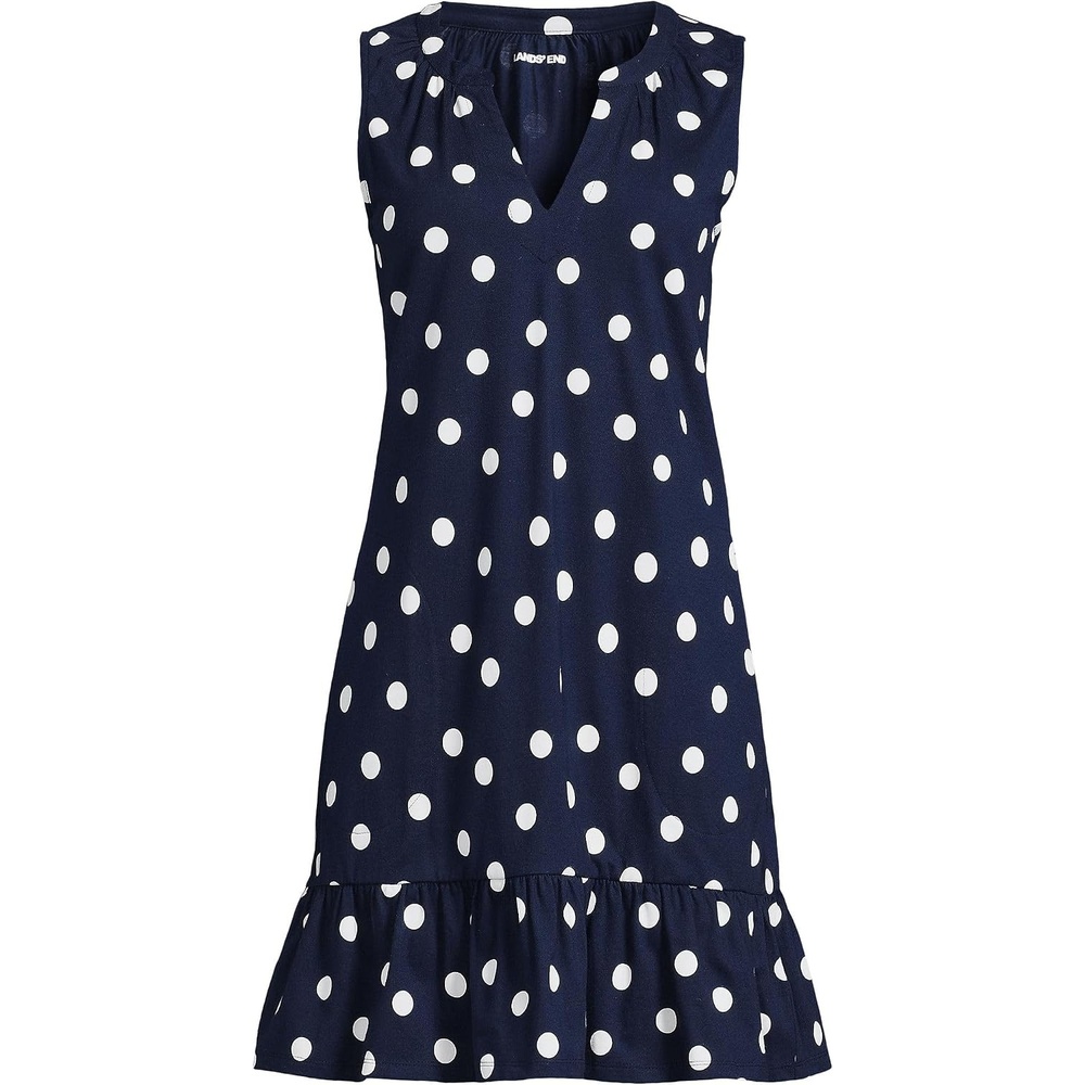 image:imageLands End Womens Sleeveless Cotton Jersey Notch Neck Flounce DressDeep SeaWhite Polka Dot