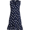 Lands’ End Women’s Sleeveless Cotton Jersey Notch Neck Flounce Dress(Deep Sea/White Polka Dot)