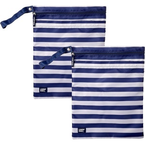 Lands’ End Wet Bags for Travel 2-Piece Set, Polyester Canvas Wet Dry Bag for Swimsuits, Wet Clothes, and More (Navy Stripe)