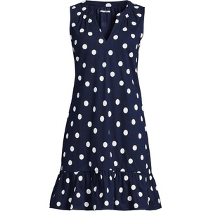 Lands’ End Women’s Sleeveless Cotton Jersey Notch Neck Flounce Dress(Deep Sea/White Polka Dot)