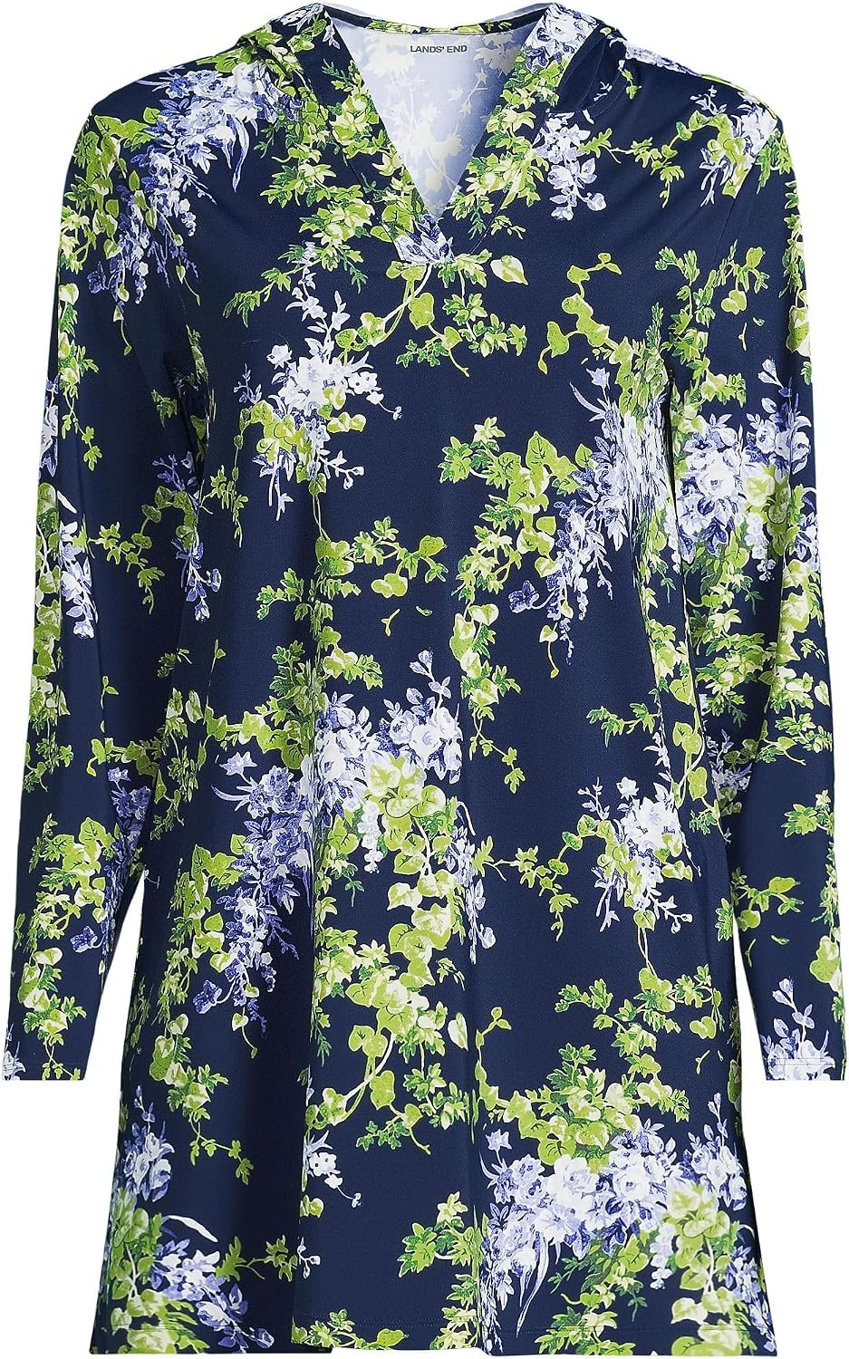 image:imageLands End Womens Cotton Jersey Long Sleeve Hooded Swim Coverup DressNavyWhite Blooms