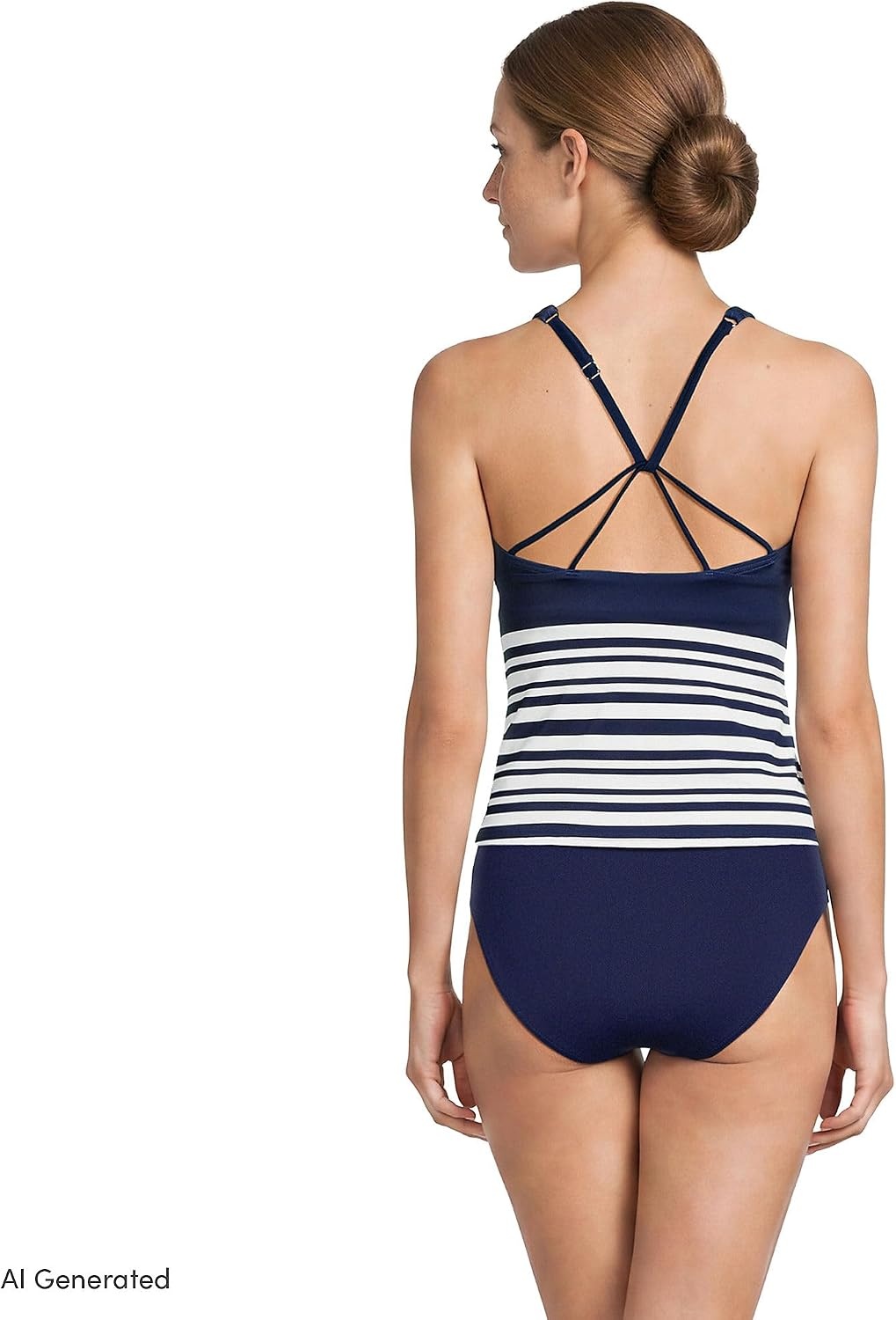 image:imageWomens Tugless High Neck Strappy Back Tankini Swimsuit TopBlue Stripe Floral Placement