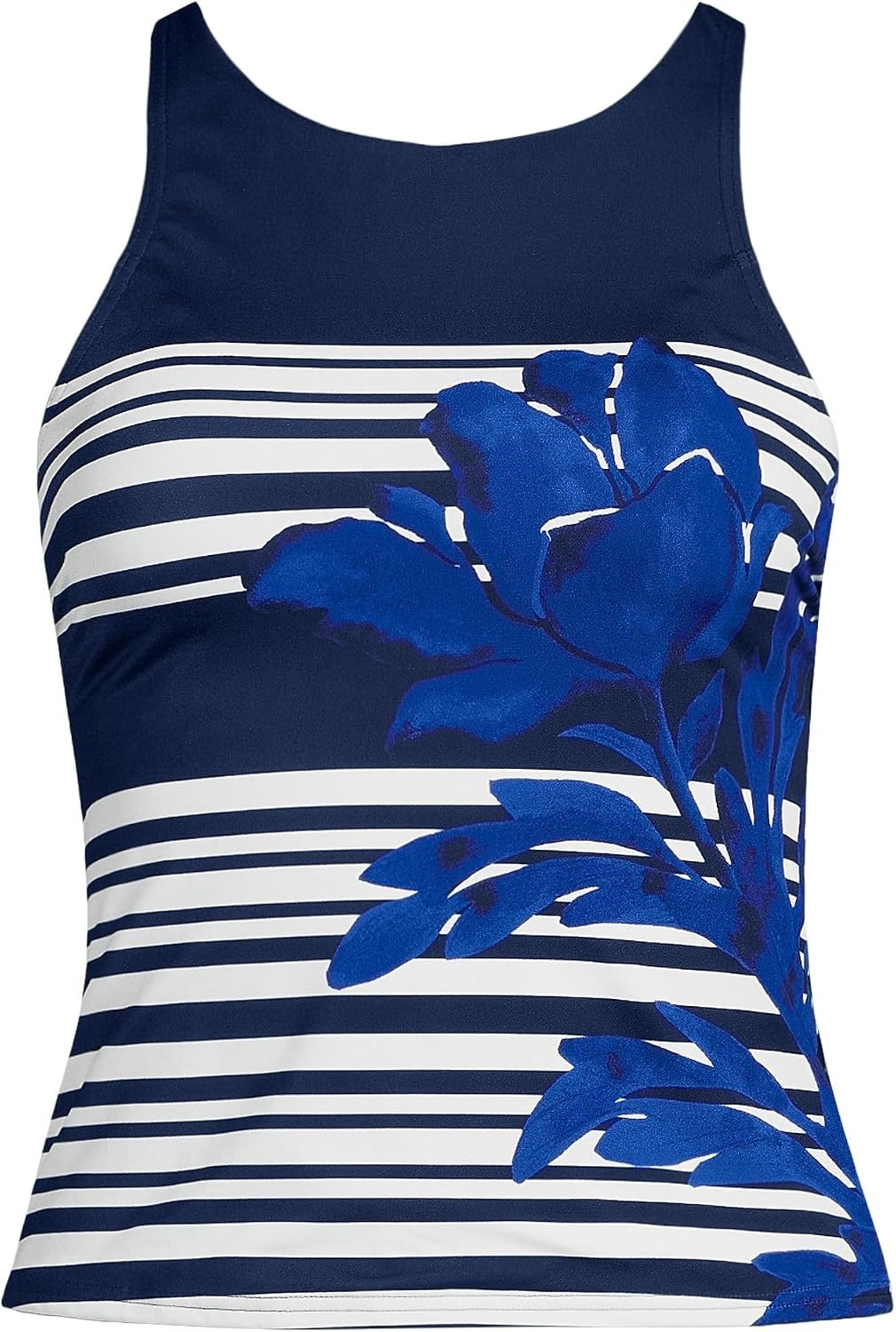 image:imageWomens Tugless High Neck Strappy Back Tankini Swimsuit TopBlue Stripe Floral Placement