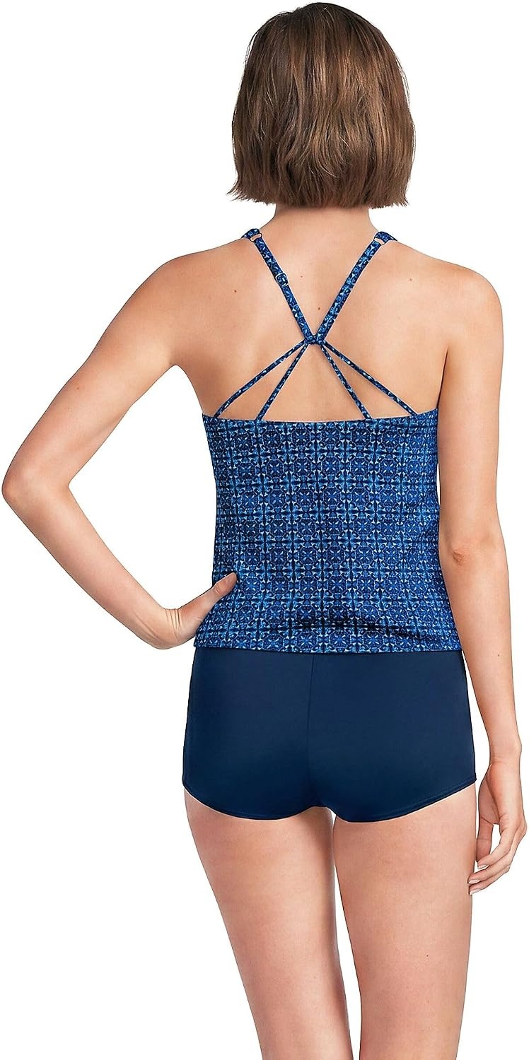 image:imageWomens Tugless High Neck Strappy Back Tankini Swimsuit TopNavy Mosaic Mini Tile