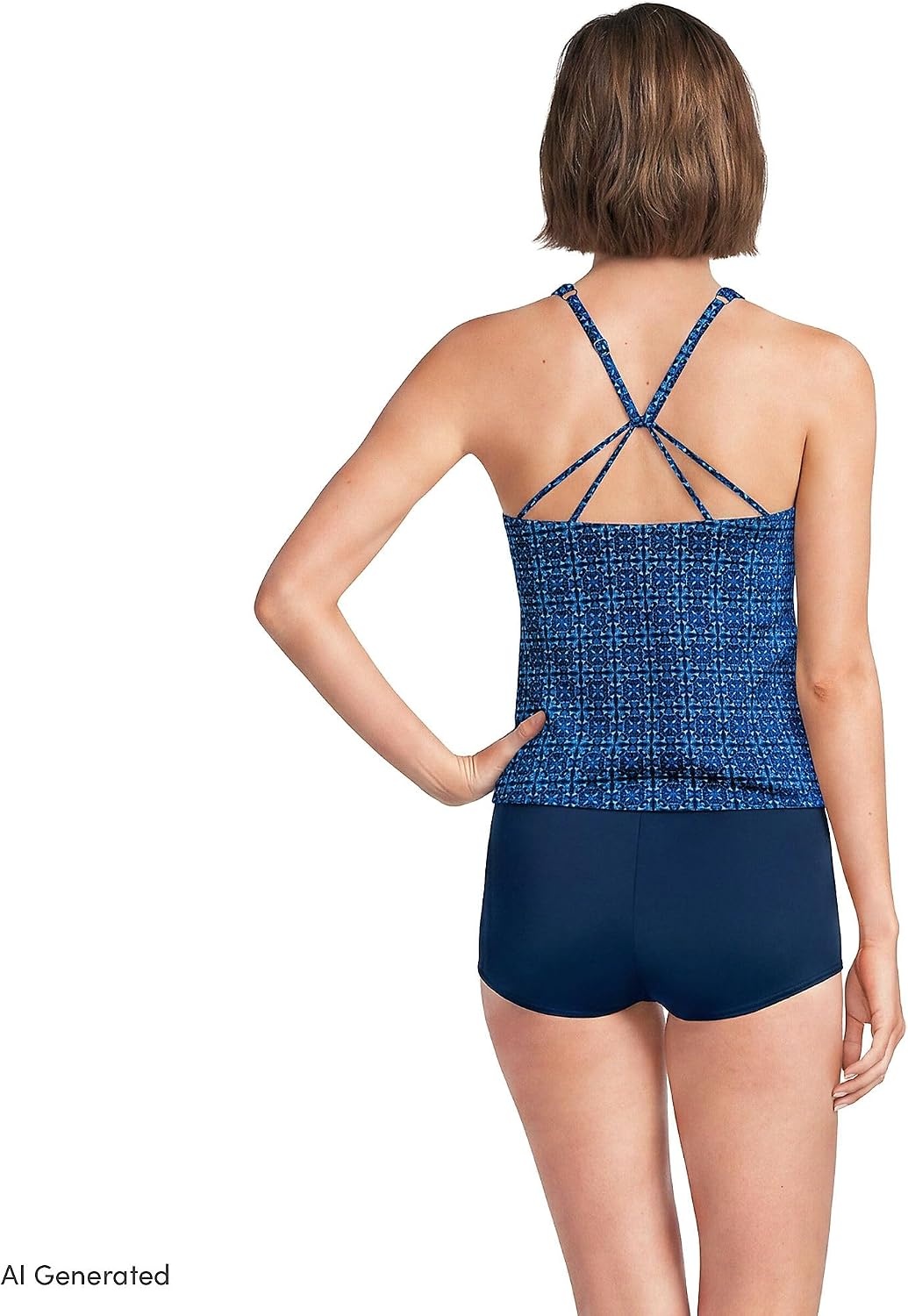 image:imageWomens Tugless High Neck Strappy Back Tankini Swimsuit TopNavy Mosaic Mini Tile
