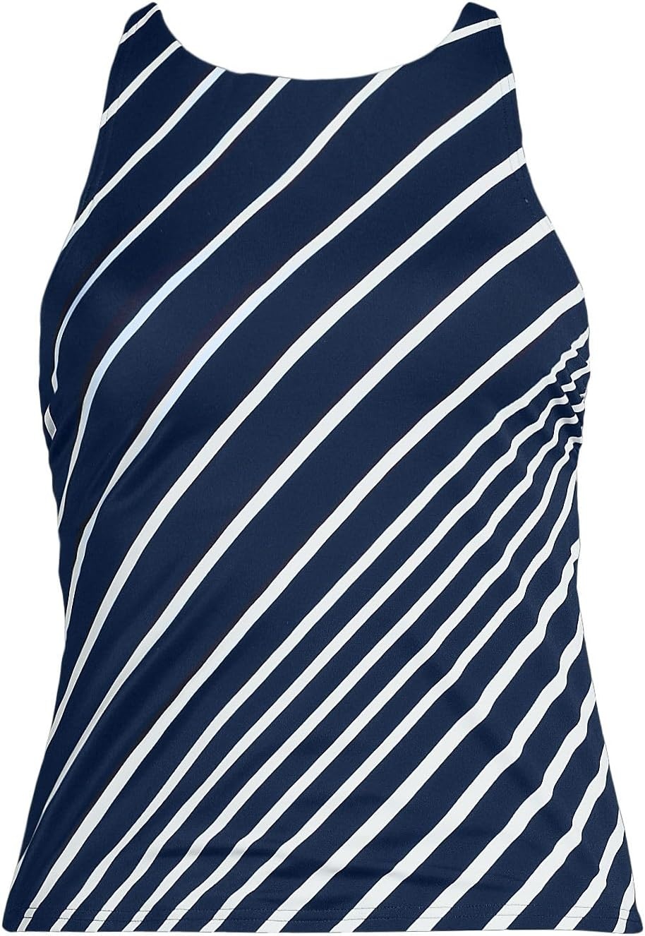 image:imageWomens Tugless High Neck Strappy Back Tankini Swimsuit TopNavyWhite Variegated Stripe