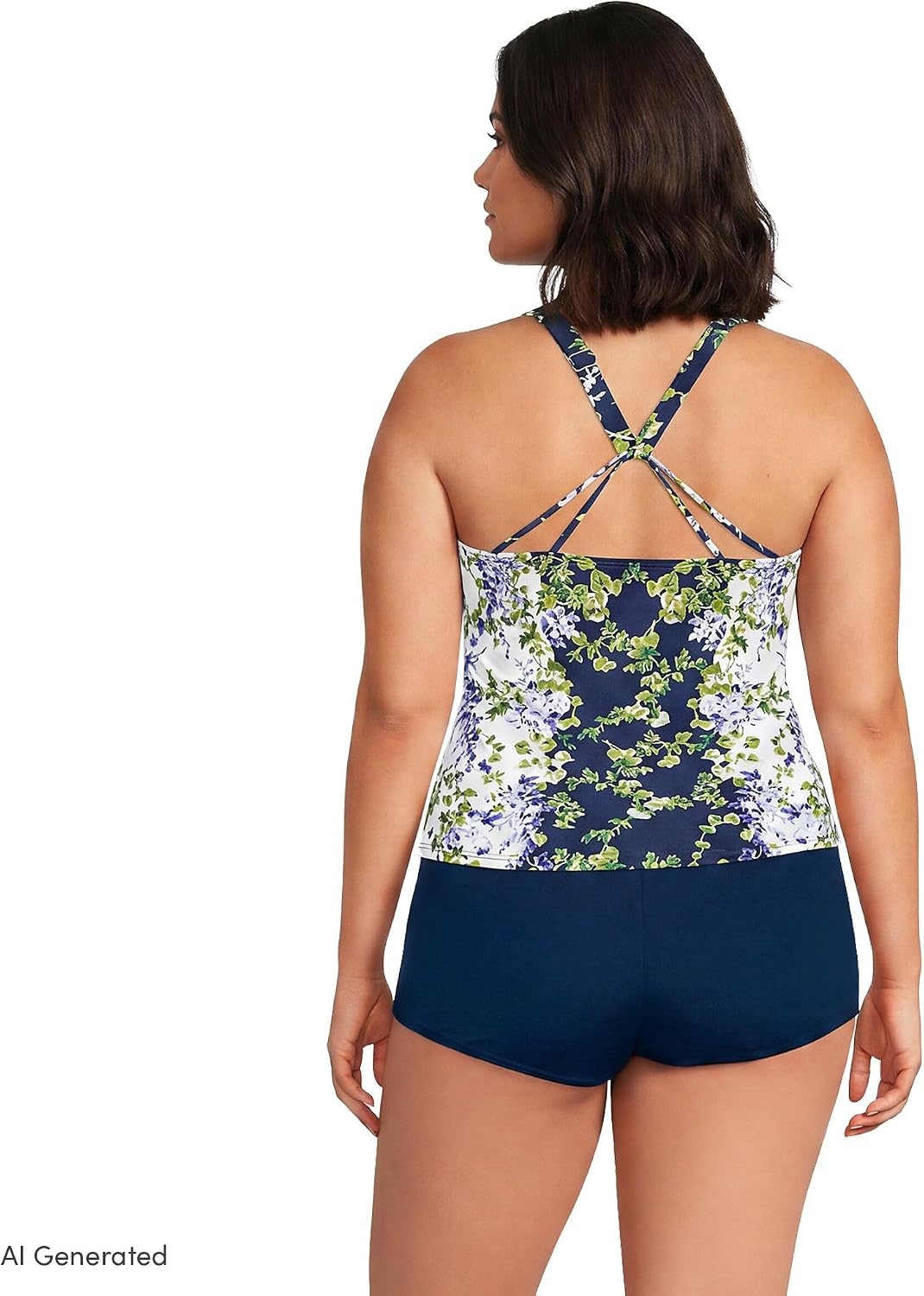 image:imageWomens Tugless High Neck Strappy Back Tankini Swimsuit TopWhiteNavy Blooms