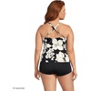 Women’s Tugless High Neck Strappy Back Tankini Swimsuit Top(Black/Egret Lilies)