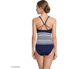 Women’s Tugless High Neck Strappy Back Tankini Swimsuit Top(Blue Stripe Floral Placement)