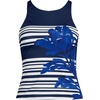 Women’s Tugless High Neck Strappy Back Tankini Swimsuit Top(Blue Stripe Floral Placement)