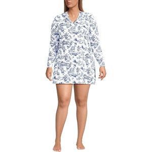 Lands’ End Women’s Cotton Jersey Long Sleeve Hooded Swim Cover-up Dress(White/Blue Toile)