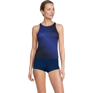 Women’s Tugless High Neck Strappy Back Tankini Swimsuit Top(Blue Wavy Ombre)