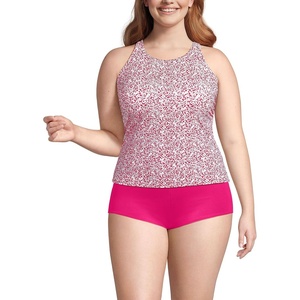Women’s Tugless High Neck Strappy Back Tankini Swimsuit Top(Coral Rose/White Ditsy Lilies)
