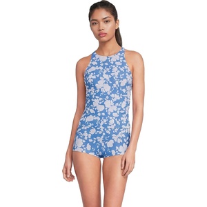 Women’s Tugless High Neck Strappy Back Tankini Swimsuit Top(Lake Blue Blossom Floral)