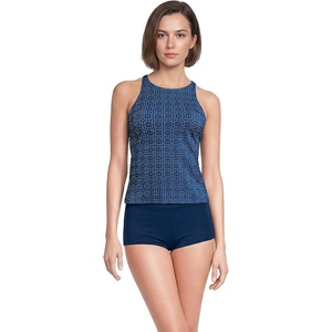 Women’s Tugless High Neck Strappy Back Tankini Swimsuit Top(Navy Mosaic Mini Tile)