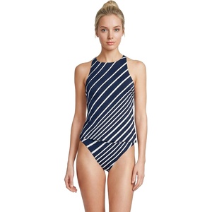 Women’s Tugless High Neck Strappy Back Tankini Swimsuit Top(Navy/White Variegated Stripe)