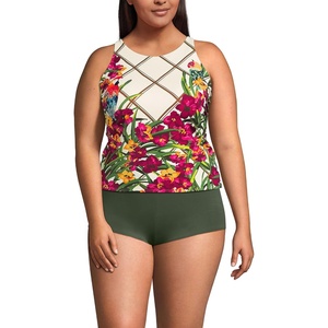 Women’s Tugless High Neck Strappy Back Tankini Swimsuit Top(Tropical Floral/Egret White)