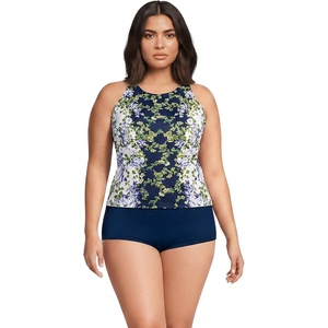 Women’s Tugless High Neck Strappy Back Tankini Swimsuit Top(White/Navy Blooms)