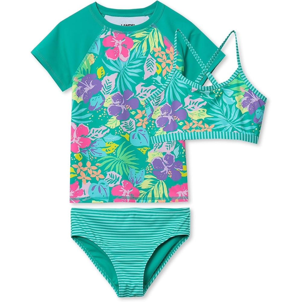 image:imageGirls Chlorine Resistant Short Sleeve Rash Guard Swim Top and Bikini SetTeal Tropical Floral