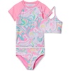 Girls Chlorine Resistant Short Sleeve Rash Guard Swim Top and Bikini Set(Light Pink Multi Swirl)
