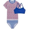Girls Chlorine Resistant Short Sleeve Rash Guard Swim Top and Bikini Set(Red/White/Blue Floral)