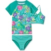Girls Chlorine Resistant Short Sleeve Rash Guard Swim Top and Bikini Set(Teal Tropical Floral)
