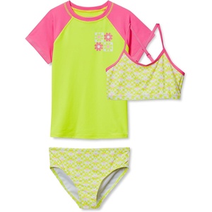 Girls Chlorine Resistant Short Sleeve Rash Guard Swim Top and Bikini Set(Neon Yellow Floral Check)