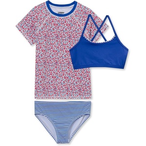 Girls Chlorine Resistant Short Sleeve Rash Guard Swim Top and Bikini Set(Red/White/Blue Floral)
