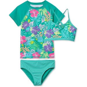Girls Chlorine Resistant Short Sleeve Rash Guard Swim Top and Bikini Set(Teal Tropical Floral)