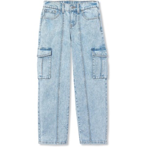 Girls Denim Cargo Wide Leg Jeans(Light Blue Sky)