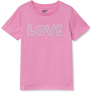 Lands’ End Girls Graphic Tee(Embroidery Love/Fuchsia Pink)