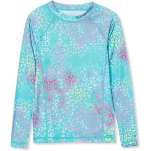 Lands’ End Girls Thermal Base Layer Long Underwear Thermaskin Crew Neck Shirt(Cheetah Rainbow/Aruba Blue)