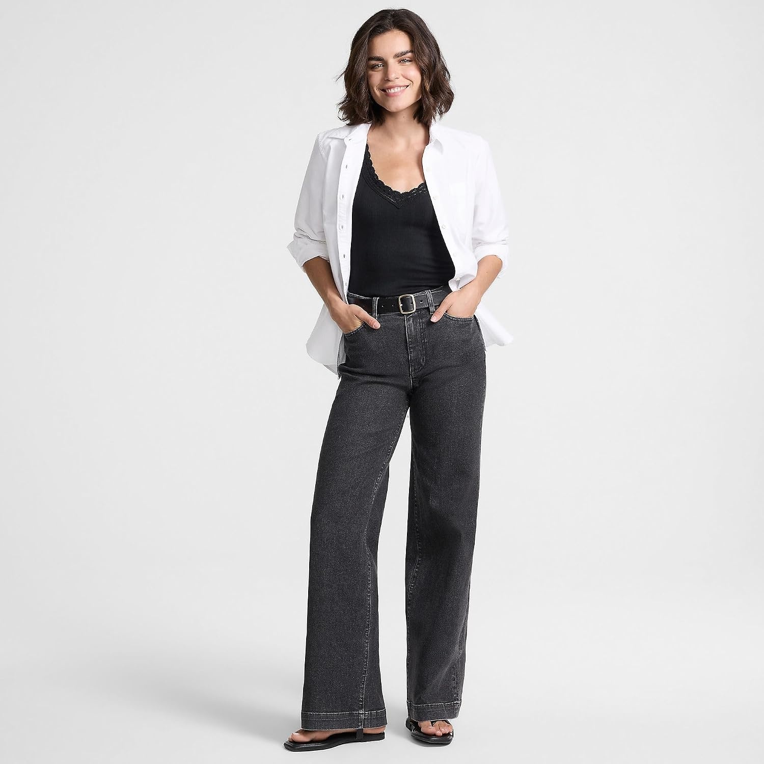 image:imageWomens Tencel Fiber High Rise Wide Leg PantsBlack Stone Wash
