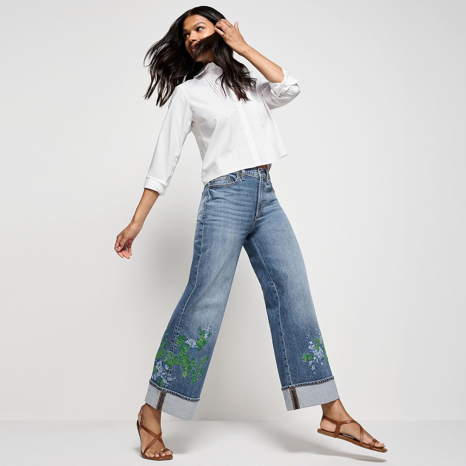 image:imageWomens Tencel Fiber High Rise Wide Leg PantsEmbroideredMedium Ocean Wash