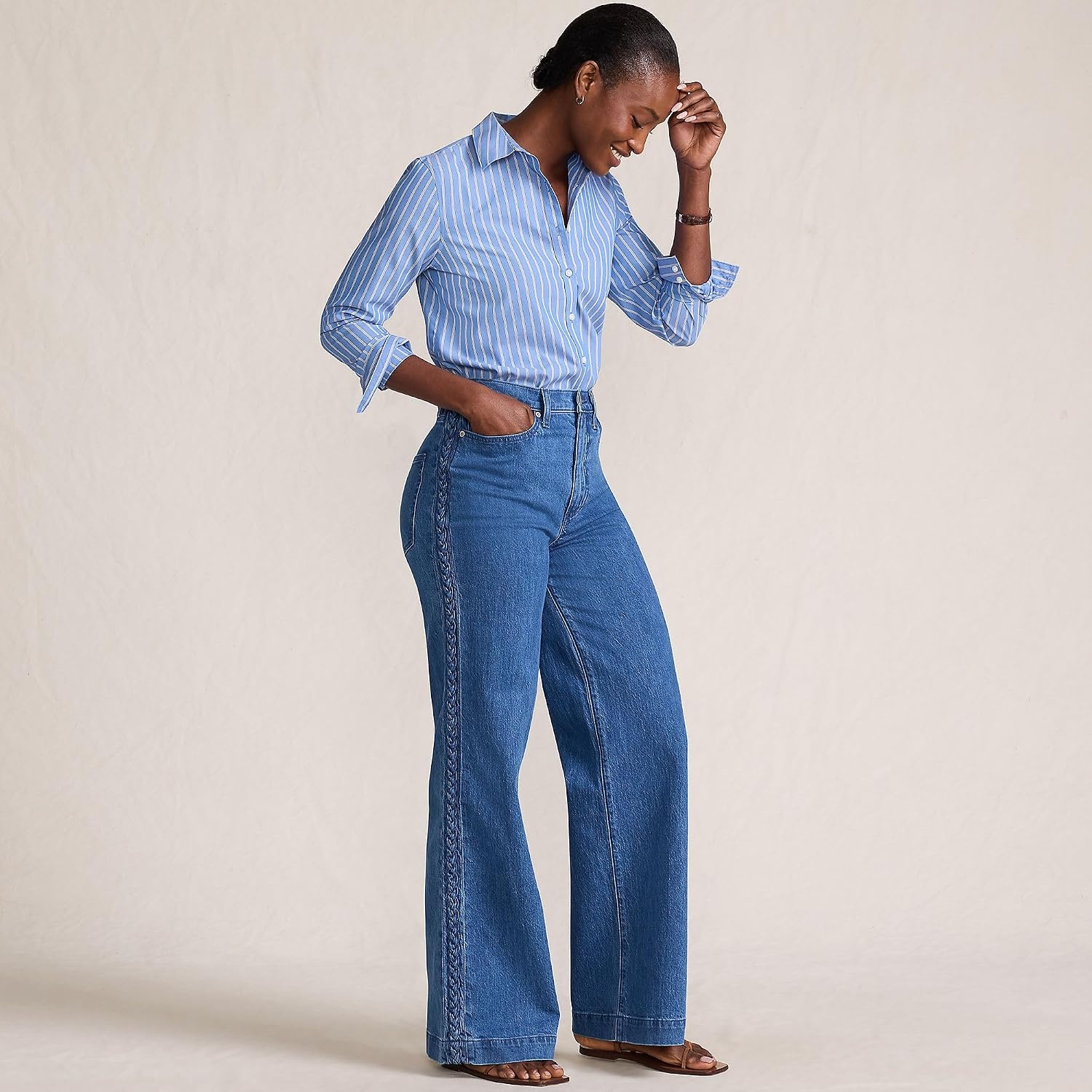 image:imageWomens Tencel Fiber High Rise Wide Leg PantsLaguna Blue With Braided Seam