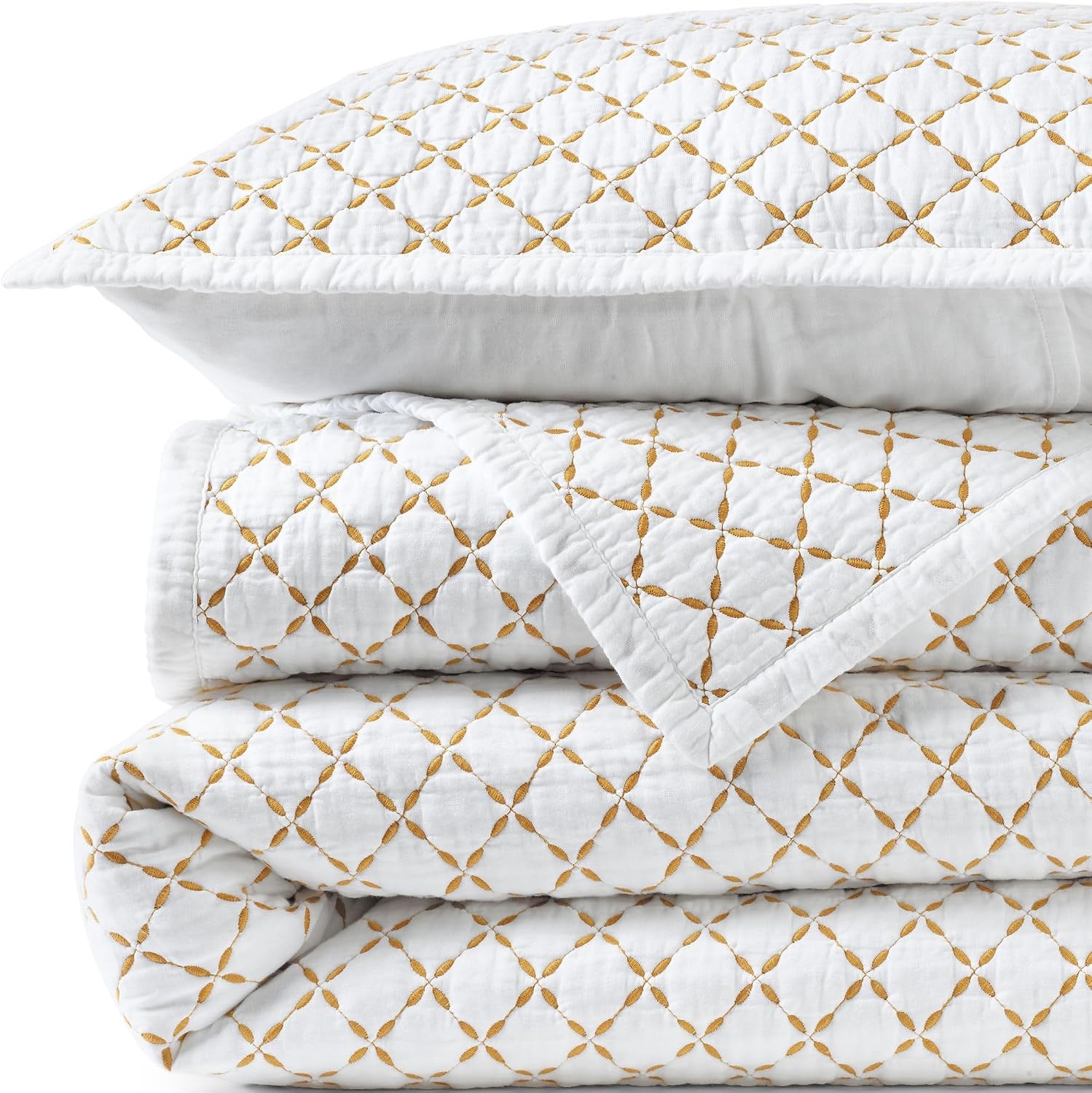 image:imageLands End Embroidered Diamond Double Voile Quilt Twin Antique NavyDijon Gold