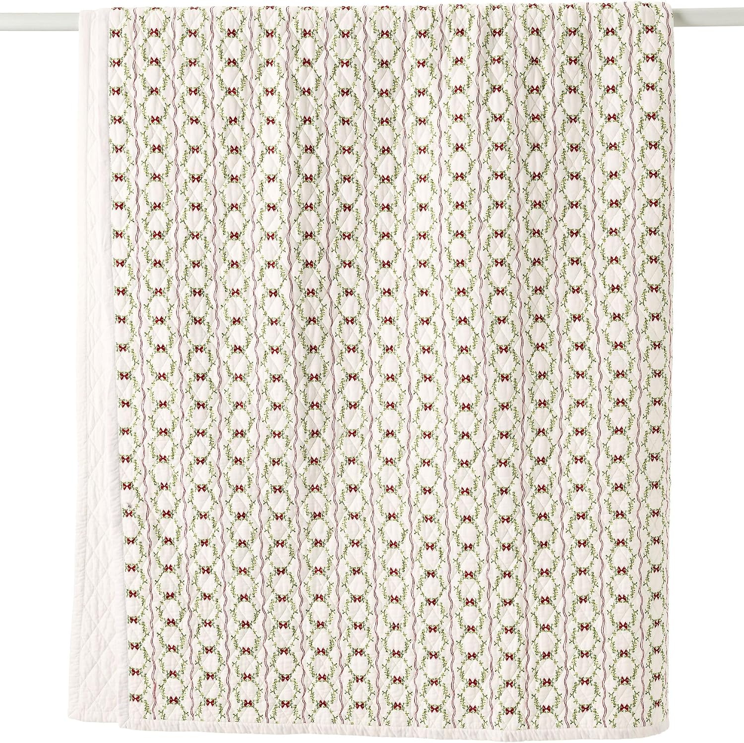 image:imageLands End Embroidered Diamond Double Voile Quilt Twin Antique NavyHoliday WreathsIvory