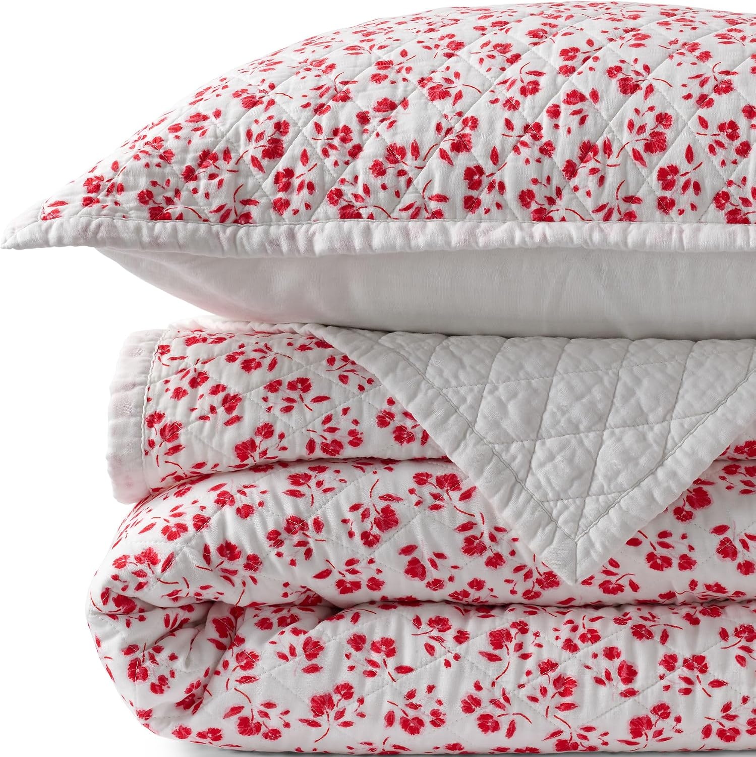 image:imageLands End Embroidered Diamond Double Voile Quilt Twin Antique NavyIvoryCoral Red Blooms