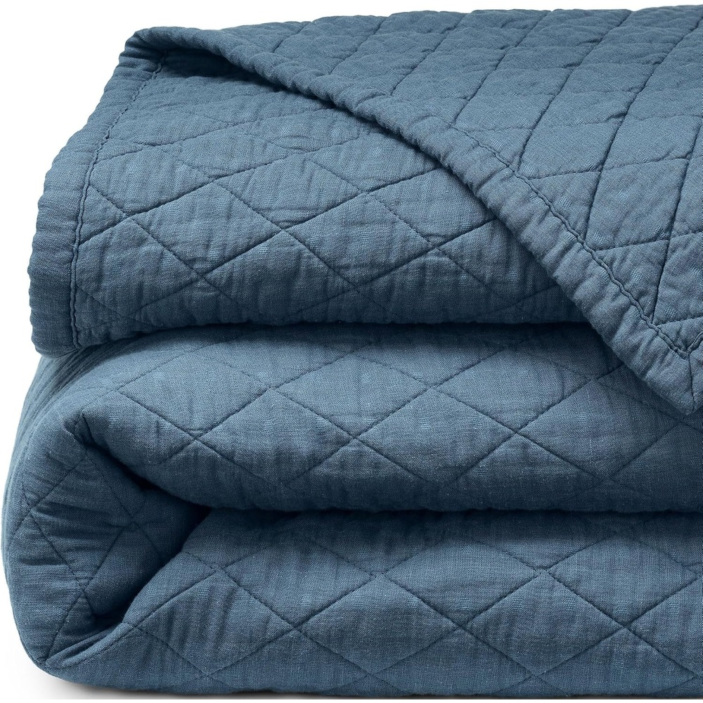 image:imageLands End Embroidered Diamond Double Voile Quilt Twin Antique NavyBering Sea Blue
