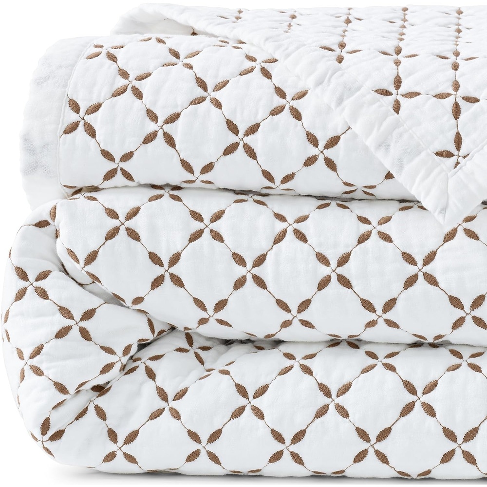 image:imageLands End Embroidered Diamond Double Voile Quilt Twin Antique NavyDark Jute Brown