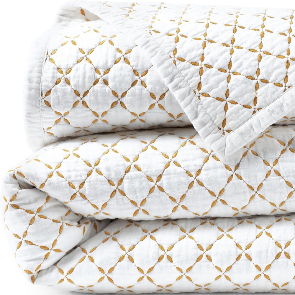 image:imageLands End Embroidered Diamond Double Voile Quilt Twin Antique NavyDijon Gold