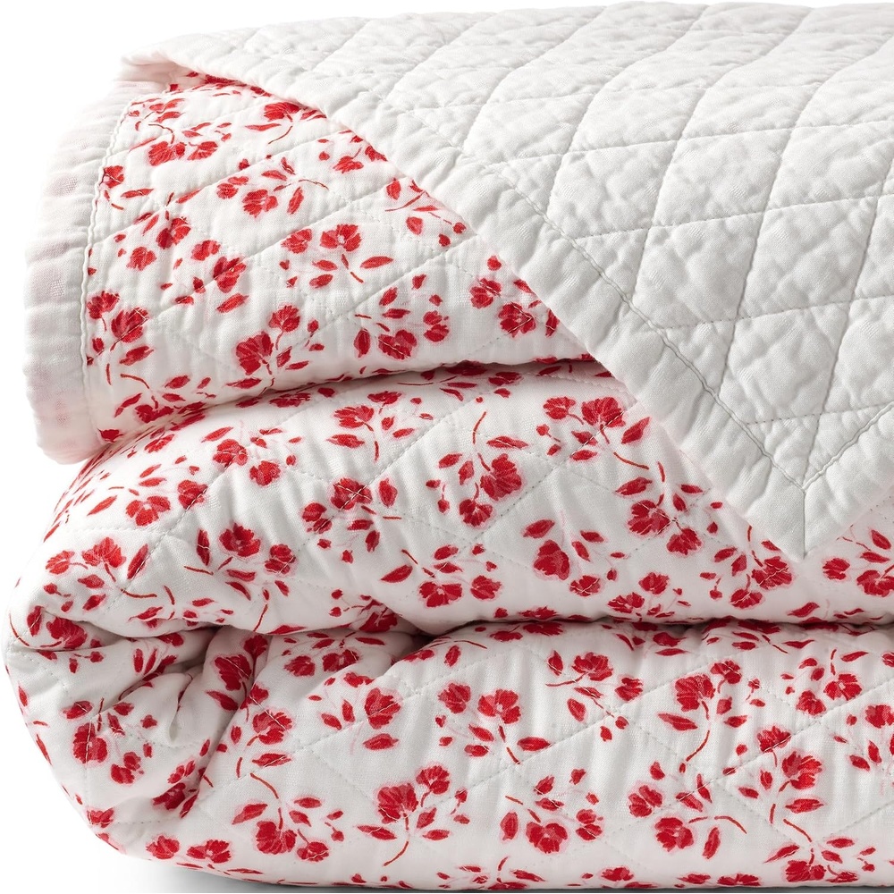 image:imageLands End Embroidered Diamond Double Voile Quilt Twin Antique NavyIvoryCoral Red Blooms